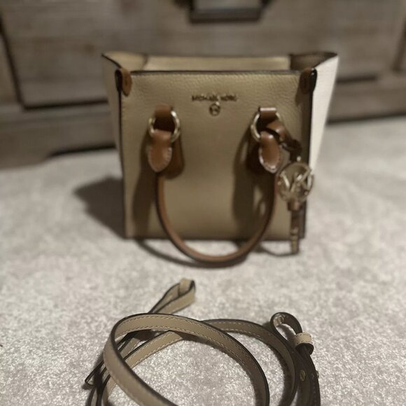 Michael Kors Kris Small Color-Block Pebbled Leather Satchel Cream Tan Beige - Picture 2 of 9